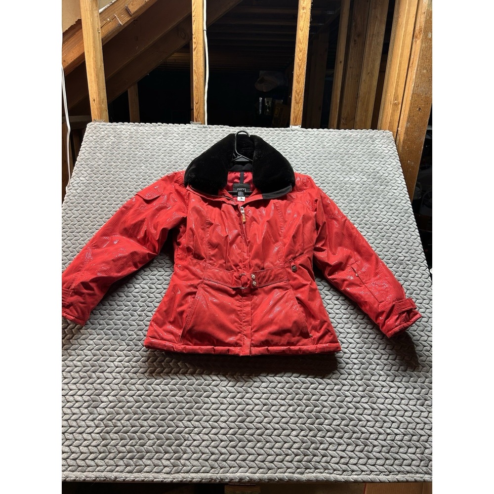 NILS Womens Ski Jacket Size 8 Red Belted Faux Fur Collar Y2K Après Ski